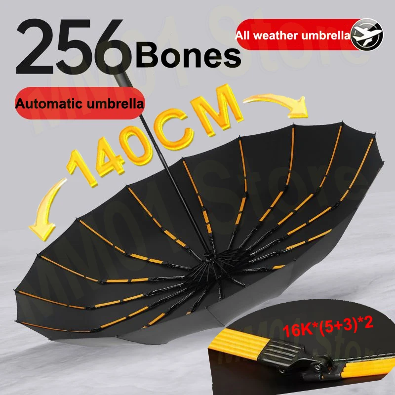 256 Bones Super Windproof Rain Umbrella Large Size Full Automatic Men Business Umbrellas Three Fold UV Protection Lady Sunshade