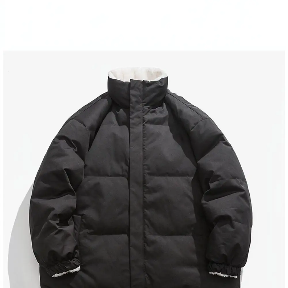 Reversible Cotton Padded Jacket Mens Winter Warm Lambswool Coat Thickened Casual Outwear Fashion Style Loose Windproof