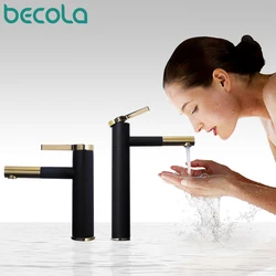 Becola New Design Brass 360 Rotating Faucet Black+gold Plated Handle Bathroom Fashion Washbasin Basin Mixer Tap F-0069