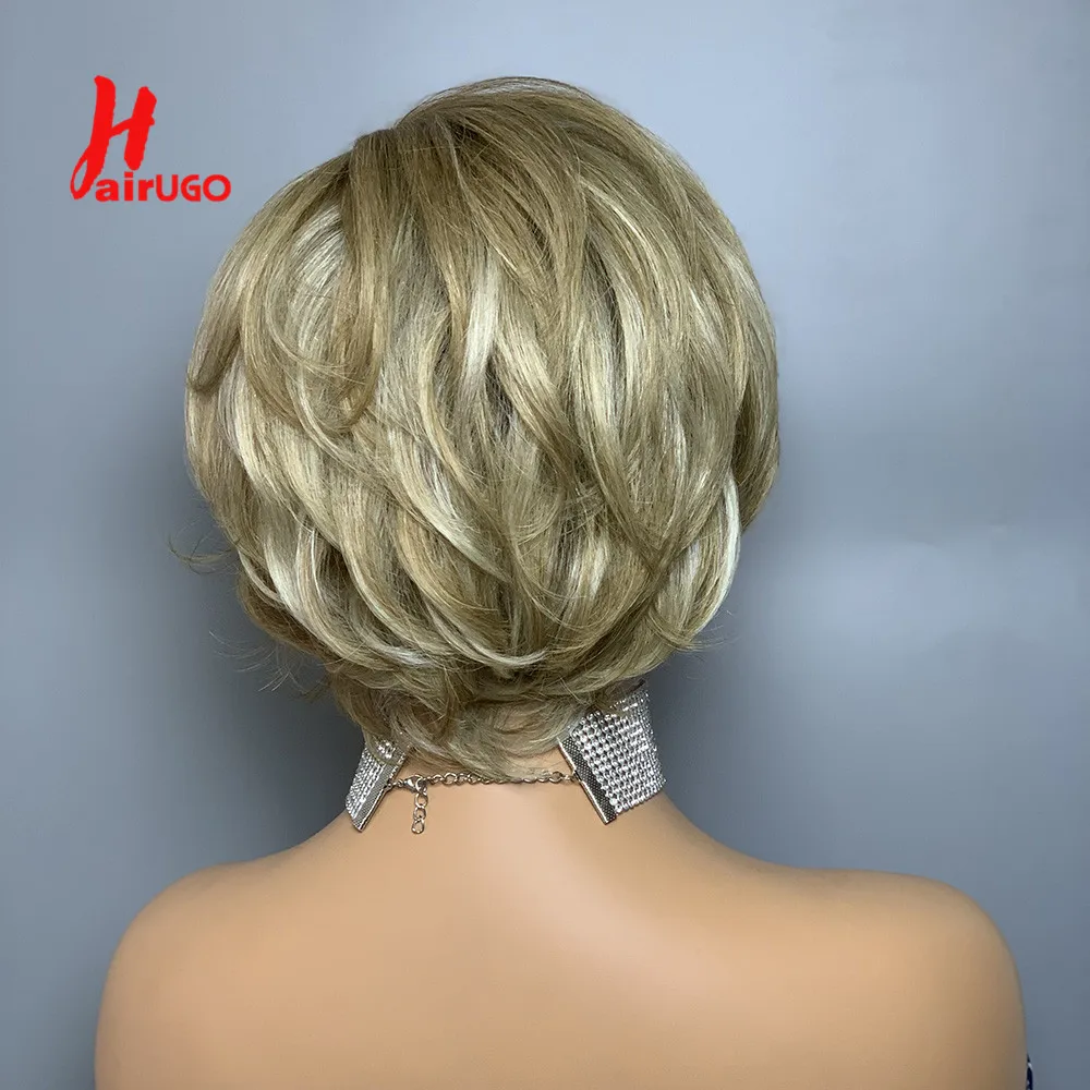 Highlight Blonde Pixie Cut Wigs Fringe Straight Human Hair Wigs Machine Made Human Hair Wigs With Bangs Hairugo Glueless Wigs