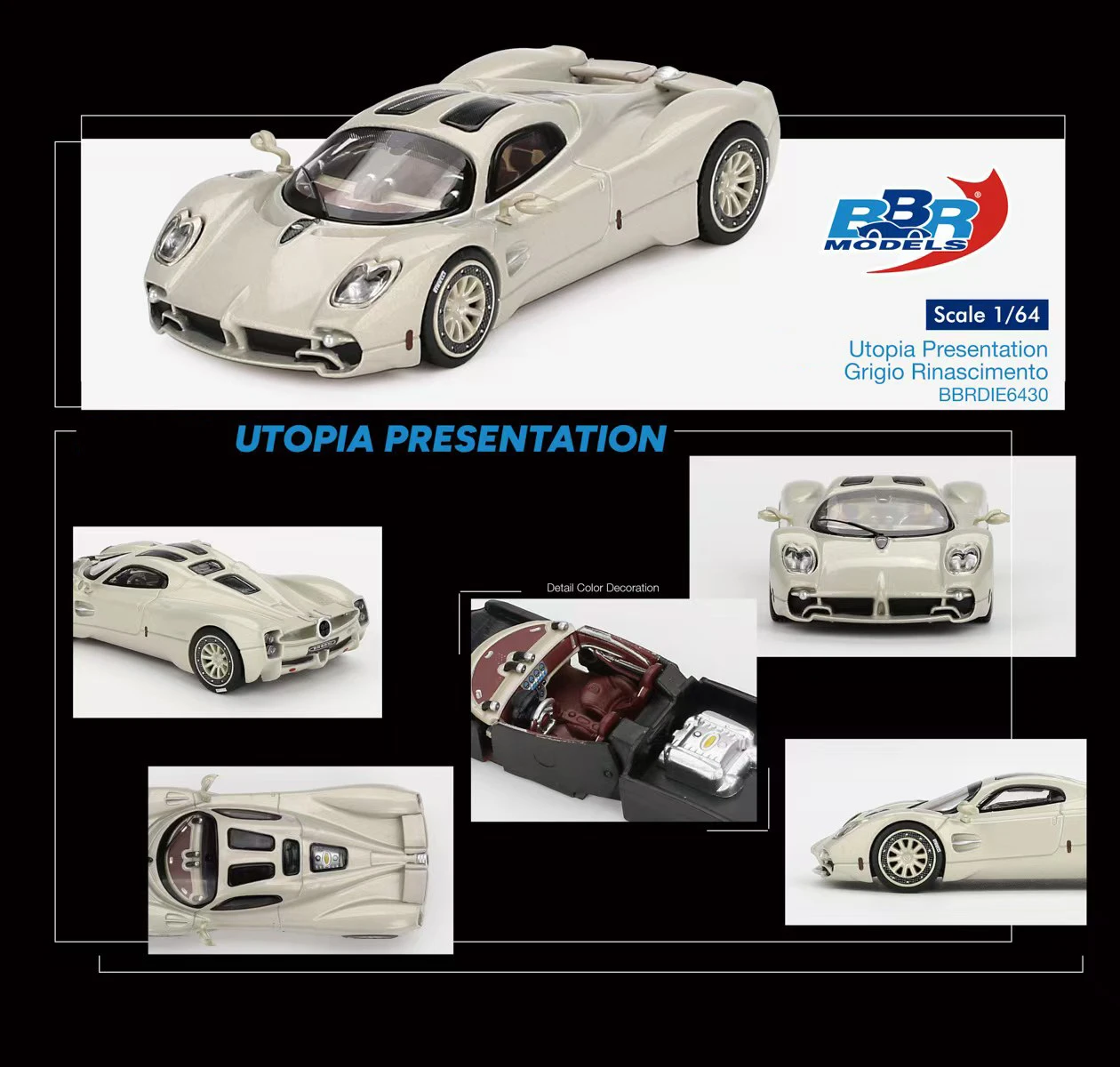 

Предпродажа BBR 1:64 Utopia Presentation Grigio Rinascimento, литая под давлением модель автомобиля, коллекция миниатюрных игрушек