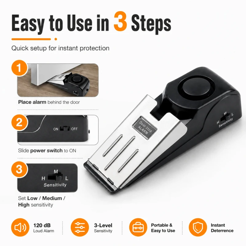 

Door Stopper Security Alarm, Portable Wedge Blocker, Anti-theft Hotel Home Safety Tool, Solo Female Travel Protection Device