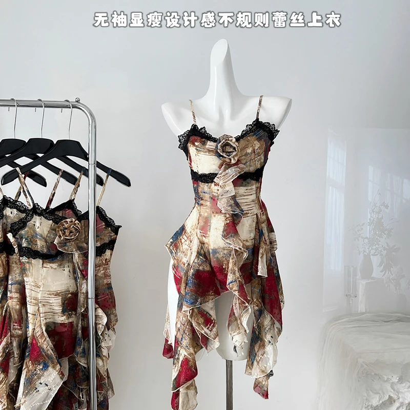 

2024 Streetwear Irregular Lace Splicing Sling Vest Women Summer Vintage Sexy Sleeveless Camisole Y2k Aesthetic Tops