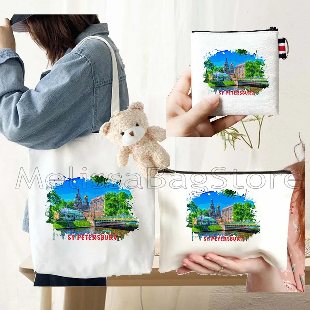 4PCS Gifts Saint Petersburg Russia White Canvas Tote Bag Handbag with Doll Key Coin Purse Cosmetic Makeup Toilet Bag Case Pouch