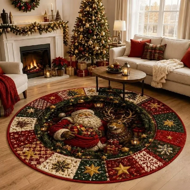 Round Christmas Area Rug Santa Claus Reindeer Gift Box Star Snowflake Print Floor Mat Holiday Living Room Decor Carpet
