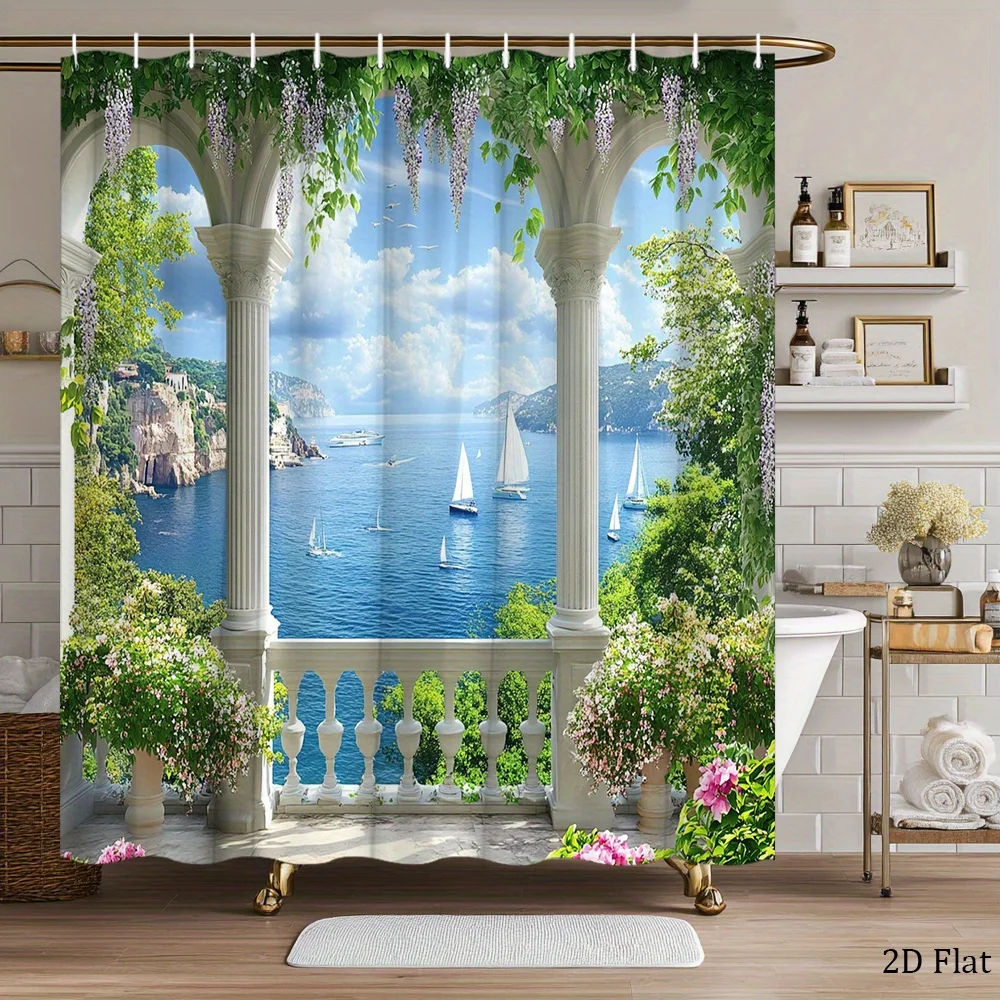 1pc Coastal Balcony Shower Curtain with Ocean View, Sailboats & Lush Greenery - White Columns & Wisteria Design, Polyester Fabri