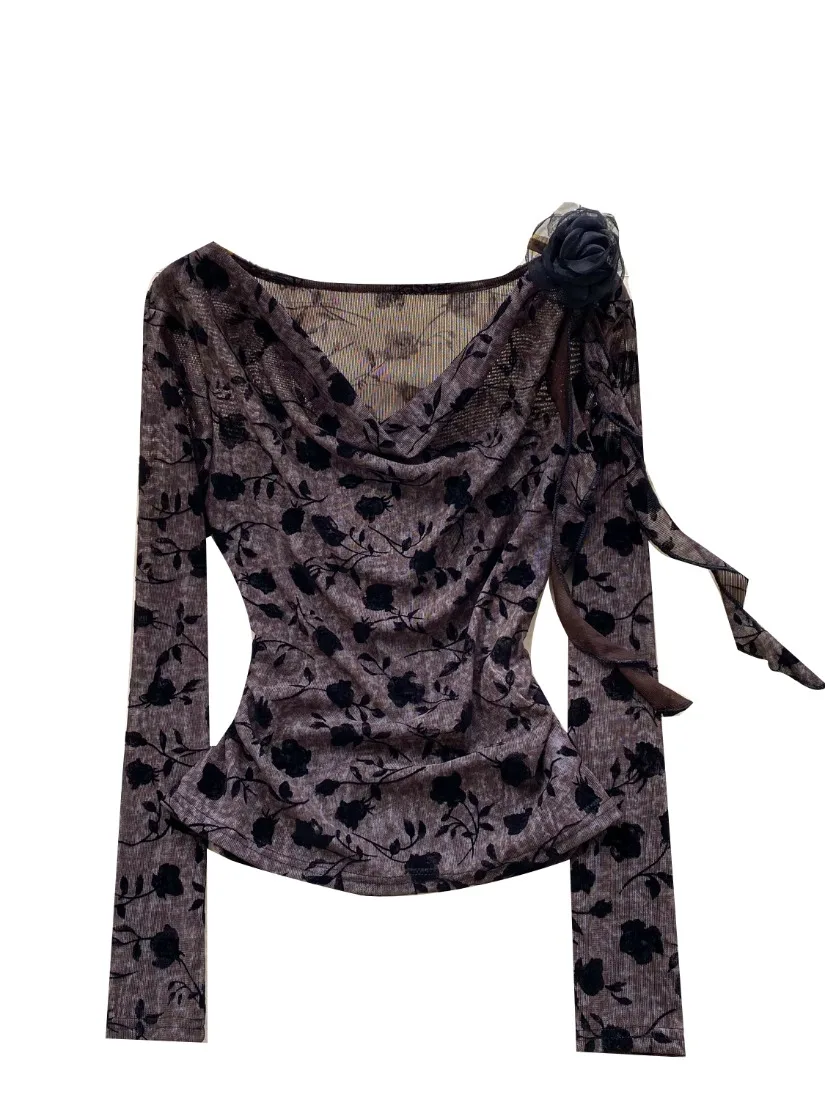 Foamlina Retro Romantic Atmosphere Floral Cowl Neck Top Women Autumn Slim Fit 3D Flower Beautiful Elegant Blouse T-shirt