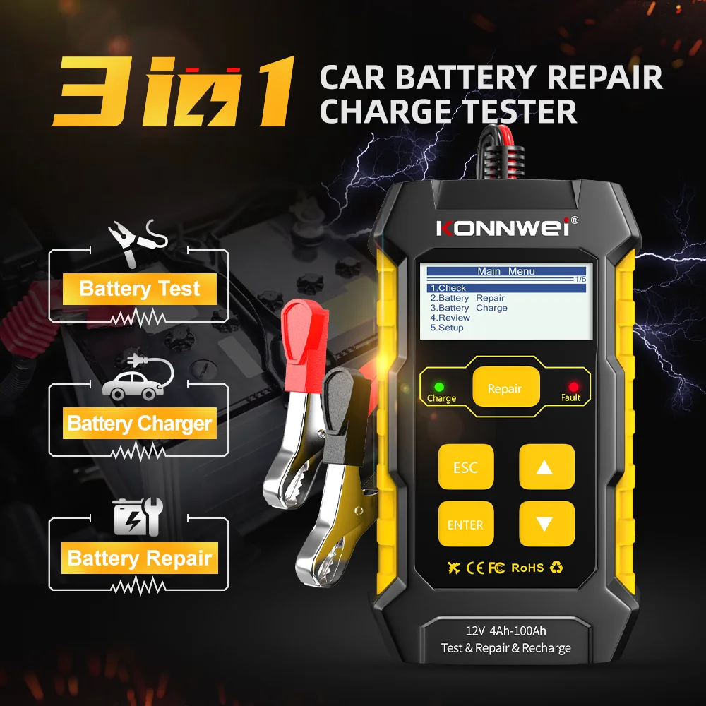 KONNWEI KW510 Car Battery Tester Full Automatic 12V Pulse Repair 5A Battery Chargers Cranking AGM Gel Car Repair Tool PK BM550