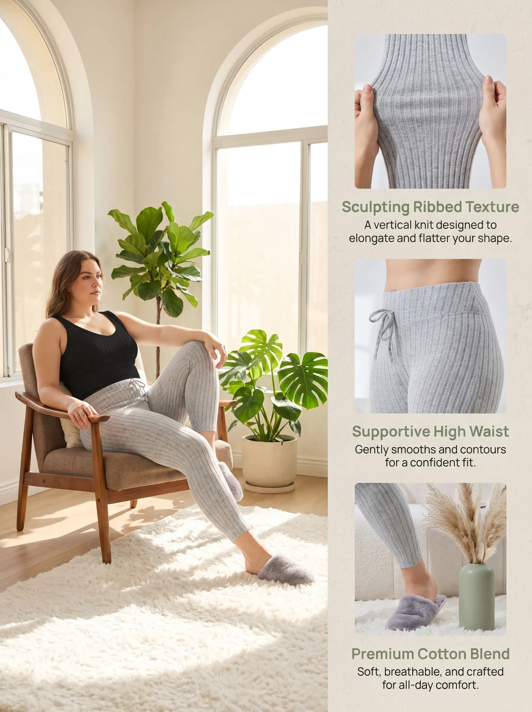 Plus-Size High-Waist Yoga-Leggings für Damen, gerippt, bauchkontrollierend, nahtloser Look, dehnbarer Strick, Yoga-Hose für Workouts und Alltag. – Detail 4
