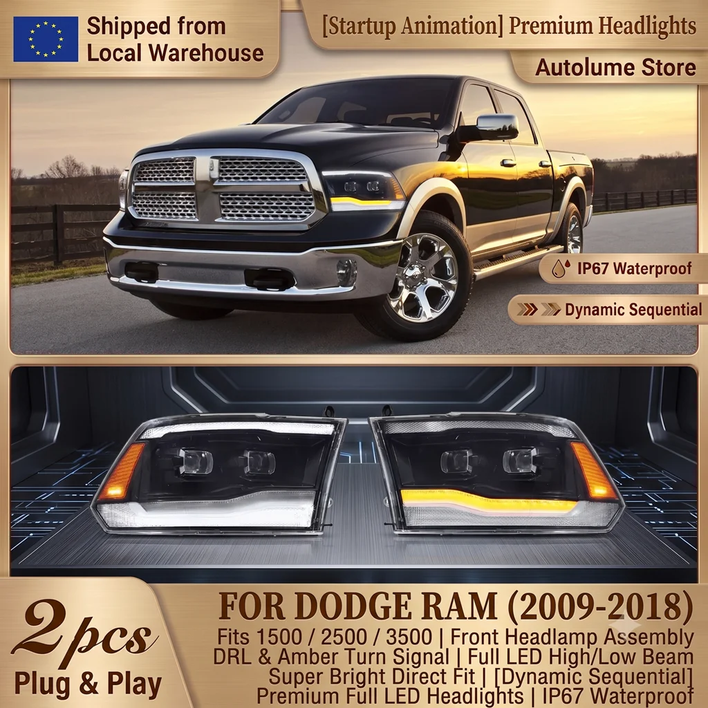 [Dynamisch Sequentiell] Premium Voll-LED-Scheinwerfer für Dodge Ram 1500 2500 3500 4. Generation 2009-2018 Frontscheinwerfer-Baugruppe DRL Amber Blinker Fern- und Abblendlicht, Superhell Direktmontage