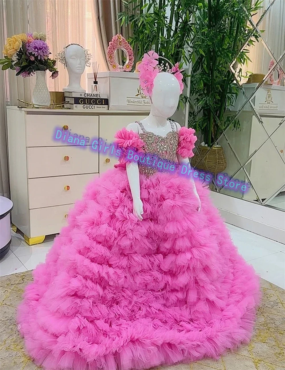 Luxury Quality Flower Girl Dress Blue Tulle Fluffy Gold Applique Little Princess Kids Birthday Party  Evening Gowns Customise