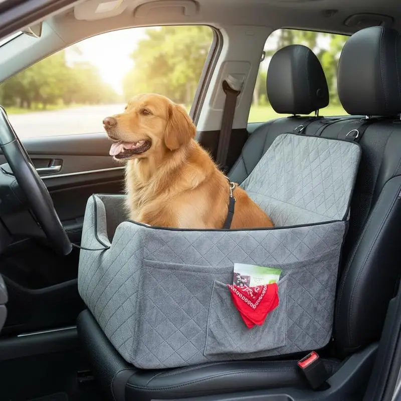 

Pet Travel Bed 33"x19"x11" For SUV Backseat Trunk Travel, Clip-On Safety Leash Sponge Filling High Back Support Side Storage Pocket Gray Medium Large Dogs up to 55 lbs