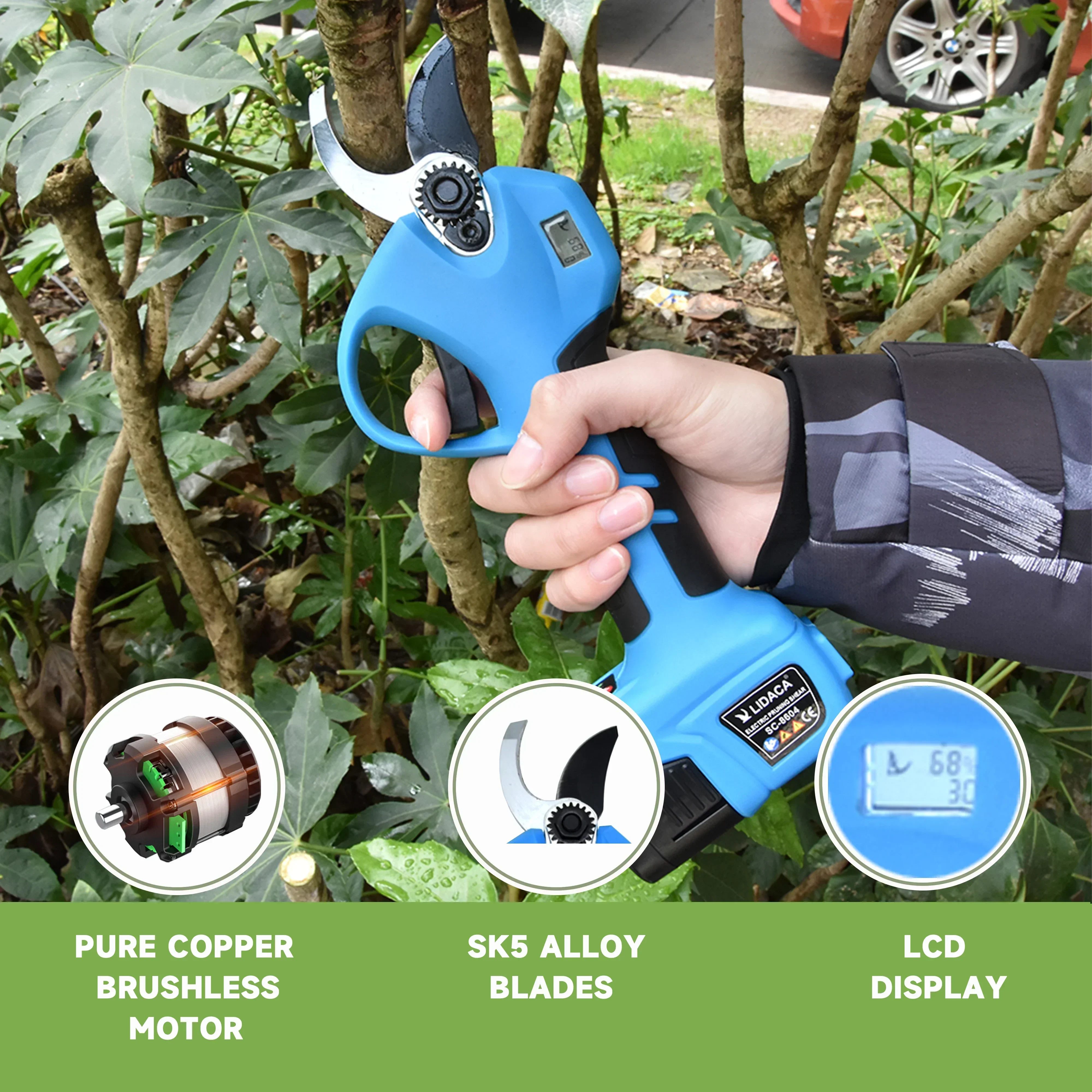 Lidaca-8604 Electric pruning shears battery pruning scissors LCD display Bonsai garden powerful electric cordless for 28mm