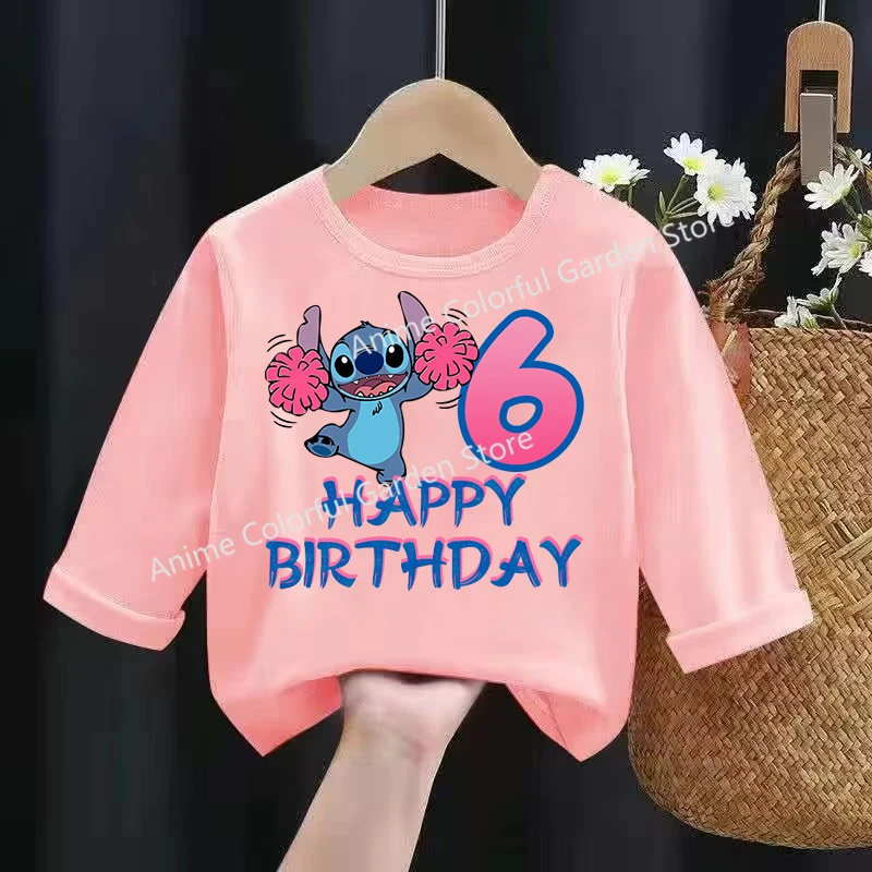 T-shirt à manches longues Disney Stitch pour enfants, impression numérique de dessin animé Anime, vêtements d'été pour filles, mode, cadeaux d'anniversaire