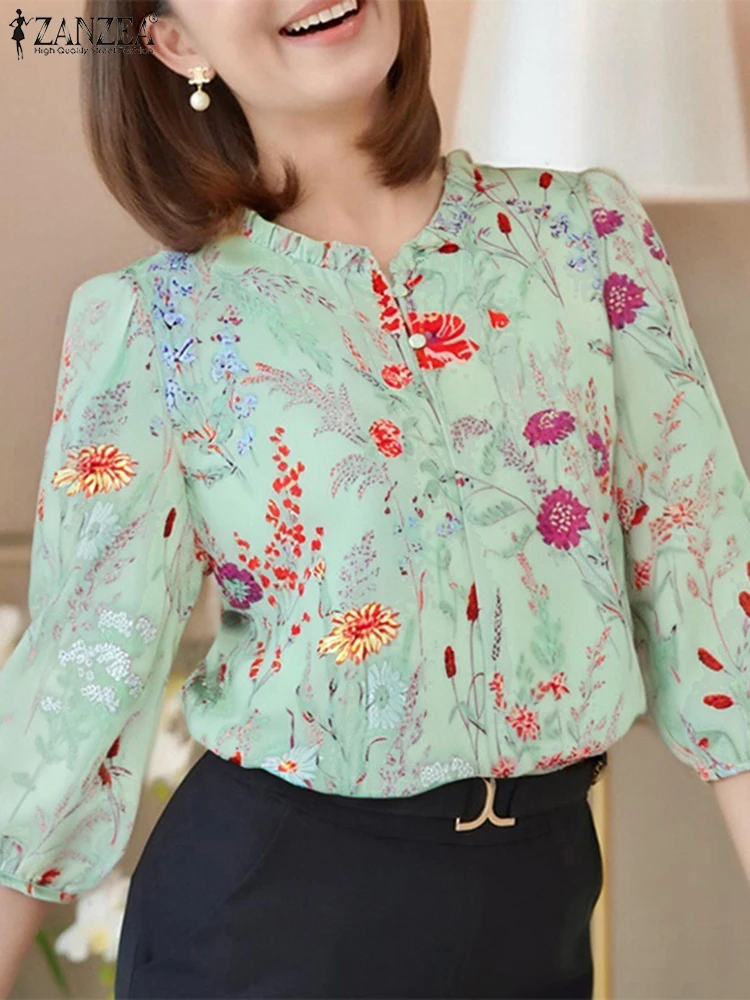 ZANZEA Vintage Donna Top 2025 Estate Stampa floreale Bohemian Holiday Camicetta 3/4 Manica a sbuffo Camicie moda casual Tunica increspata