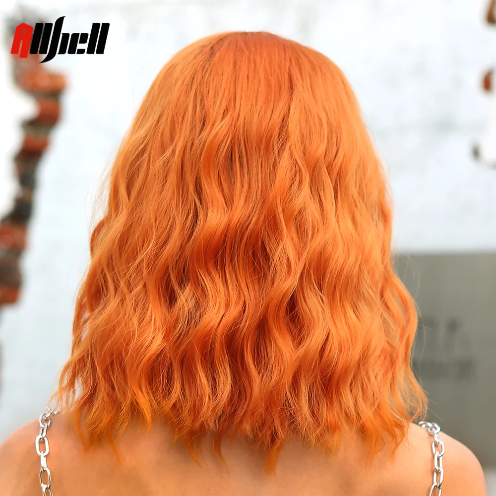 Short Copper Ginger Synthetic Natural Wavy Wigs Hair Orange Halloween Bob Wig with Bangs Heat Resistant for Women Cosplay Wig