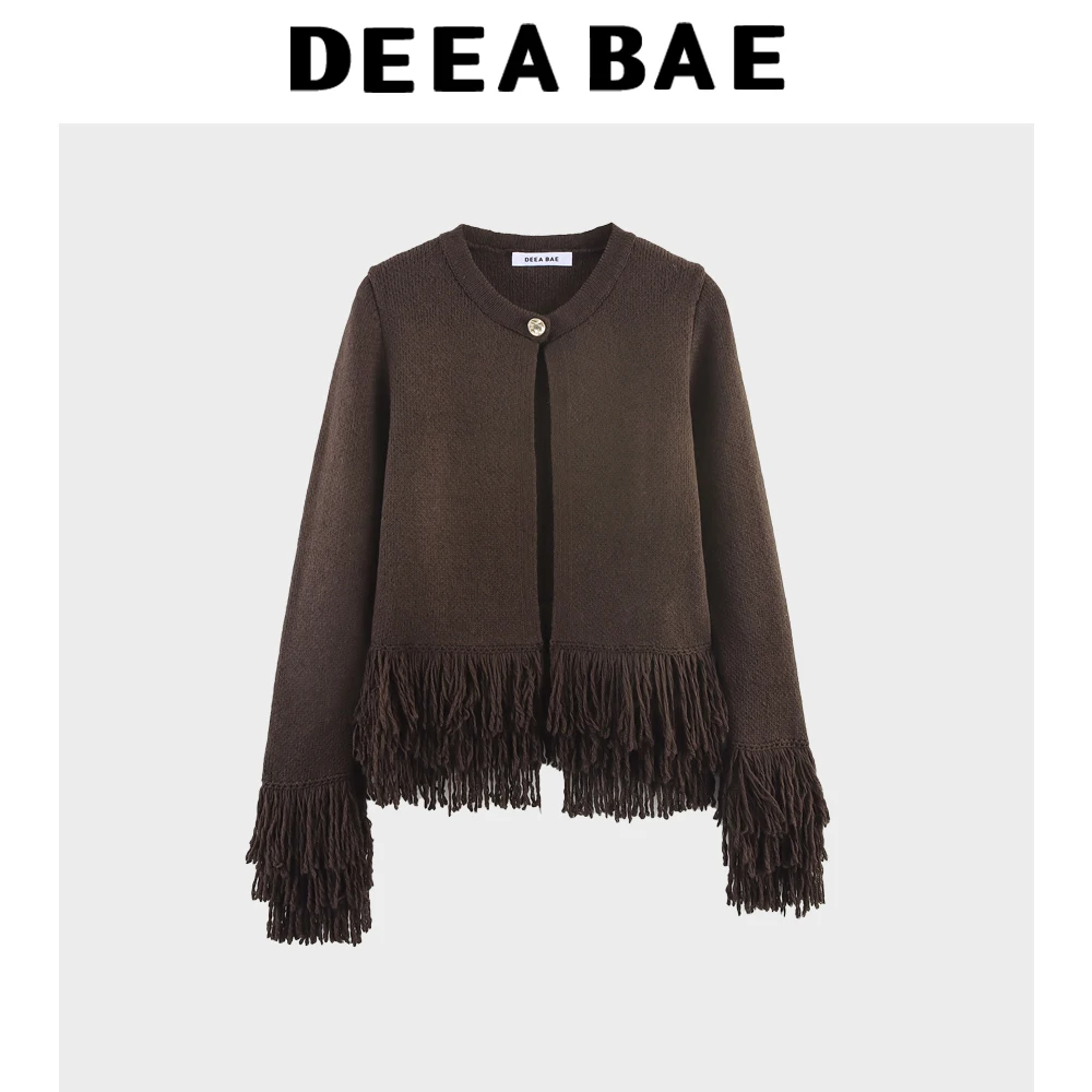 سترة نسائية جديدة لخريف DEEABAE متعددة الاستخدامات للتخسيس وزر شرابة ورقبة دائرية وأكمام طويلة محبوكة #1