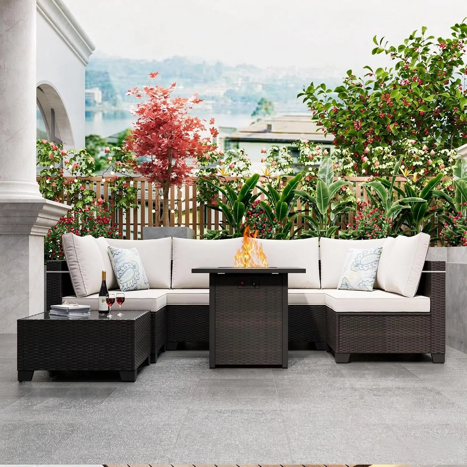 Outdoor Patio Furniture Set with Fire Pit Table, 8 Piece Wicker Rattan Sectional Furniture with Thick Cushions, Customized