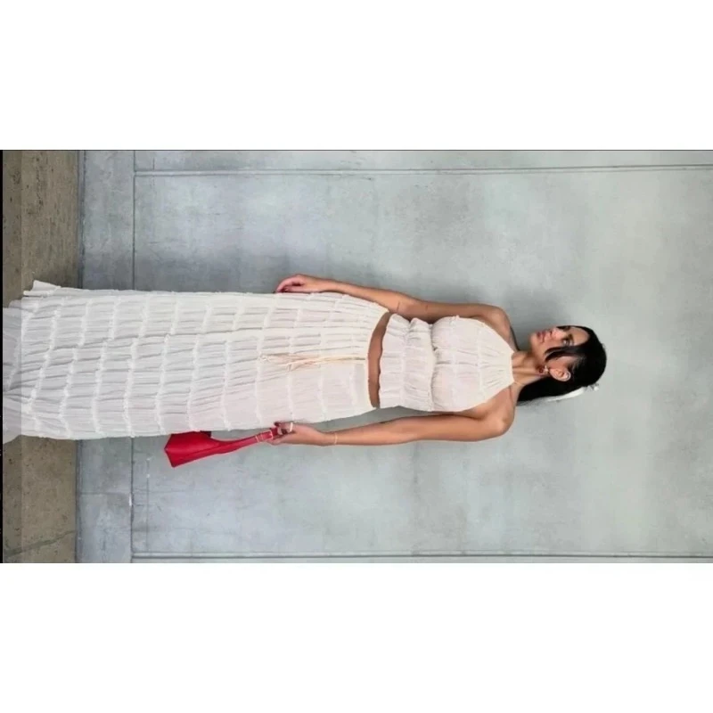 

Элитный комплект из 2 предметов: летний новый сексуальный комплект с открытой спиной, кружевной завязкой, плиссированным кружевным укороченным топом и длинной юбкой. Женский пляжный костюм для фестивалей.