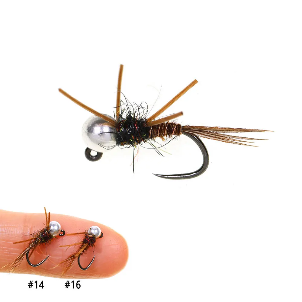6 PIEZAS # 16 # 14 Señuelos de pesca de hundimiento rápido sin púas, tipo Stonefly con patas de goma, cola de faisán, ninfa europea húmeda, para trucha y pescada gris.