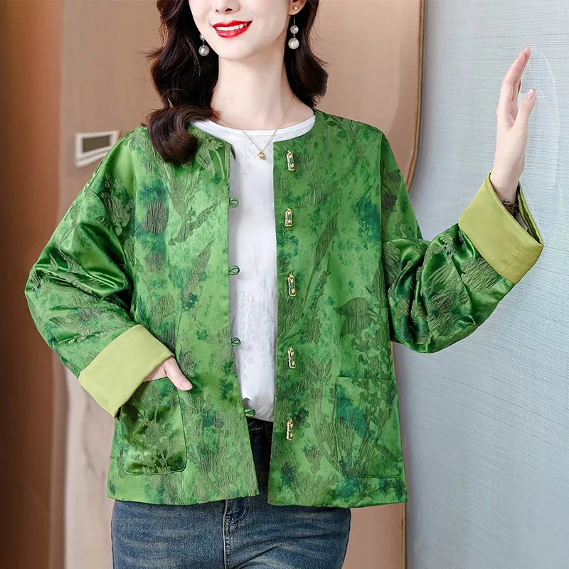 

Весна 2024, новая женская элегантная новая китайская роскошная куртка в национальном стиле, жаккардовое пальто с длинными рукавами и круглым воротником, винтажное зеленое