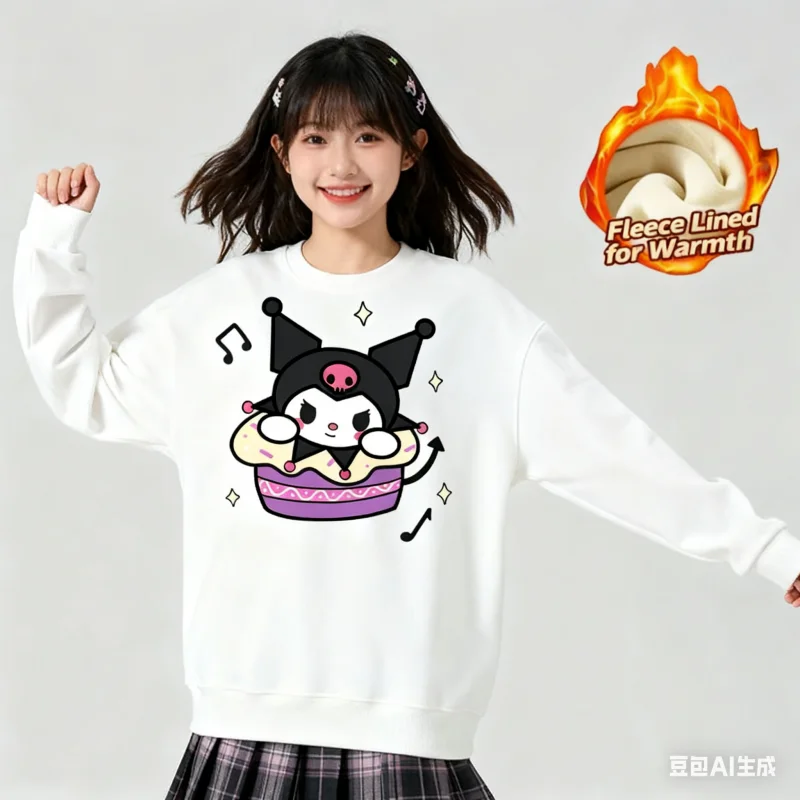 

2025 Sanrio Series Printed Crew Neck Long-Sleeve Top, Cute and Warm Fleece-Lined Crew Neck Long-Sleeve T-Shirt, 100% Cotton