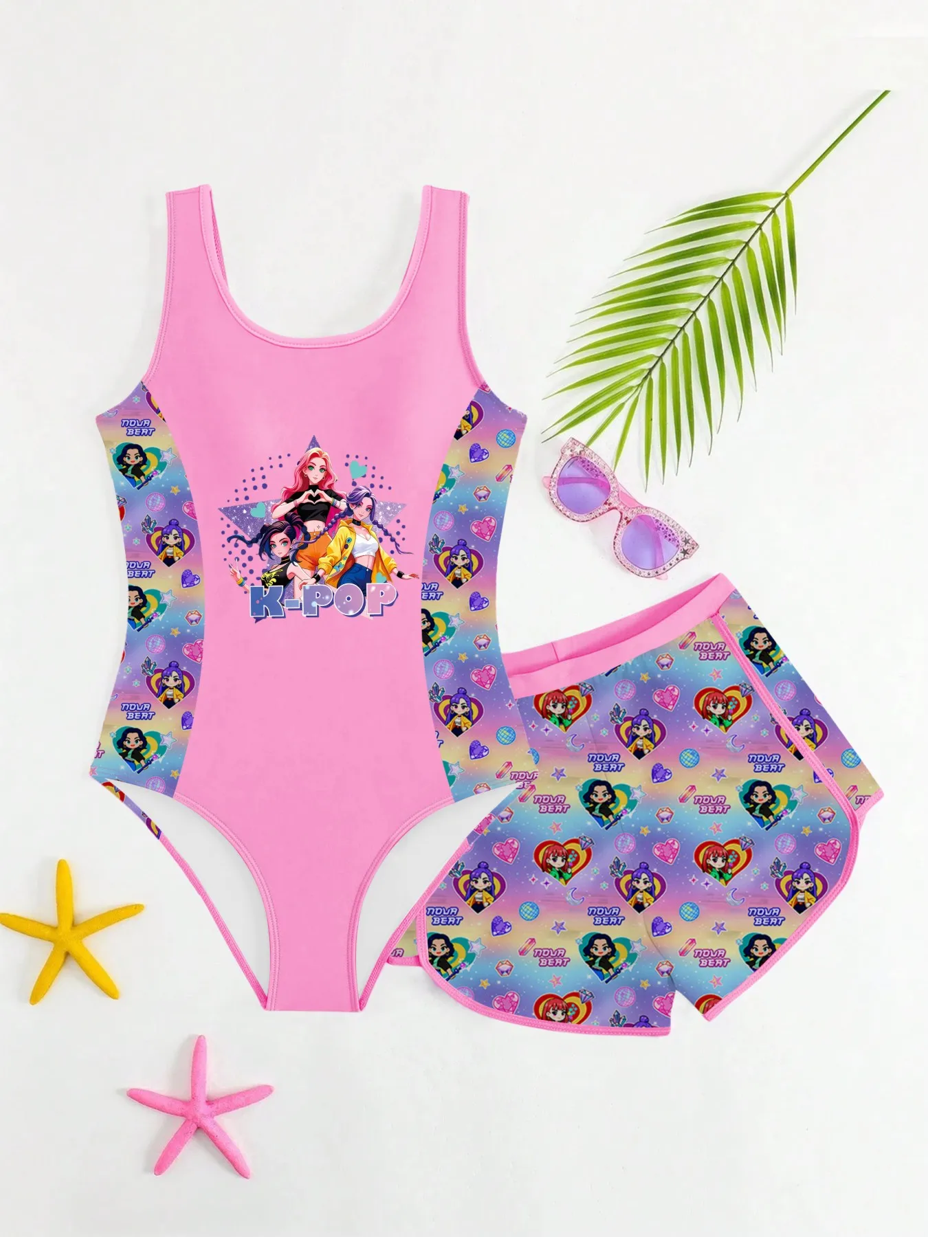 Kids Girls 2 Piece K-POP Cartoon Print One Piece Swimsuit with Skirt Cover Up Summer Beach Swimwear