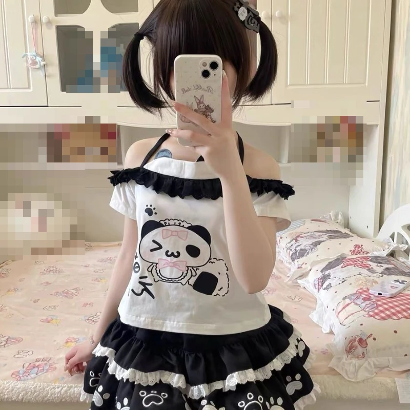 Kawaii Sweet Lolita 2 Piece Set Women Off-Shoulder Ruffle Cartoon Panda Paw-Print Crop Top High Waist Layered Skirt Daily Wear
