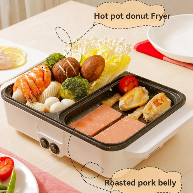 2 In 1 Indoor Non-Stick Electric Hot Pot And Frying Pan Portable Electric BBQ Grill For Indoor Family Gatherings EU Plug A