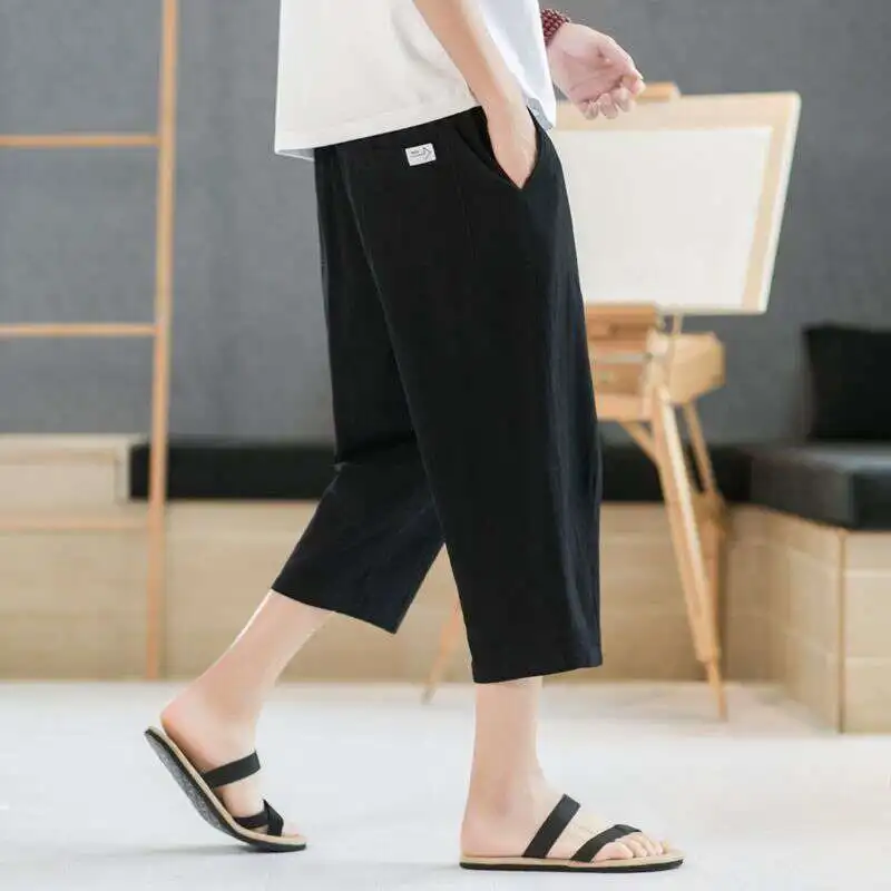 

Men's Linen orts Seven-Foot Pants Summer Thin Cotton-Linen Casual Sports Loose Straight-Cut Spring Autumn High Waist