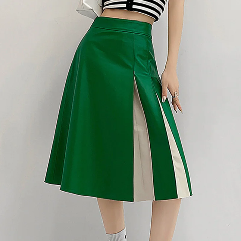 

Pleated Leather Skirt For Women 2023 Moda Color Blocking Dermis Midi Jupe Femme A-line Natural Skin Red Green Falda Streetwear