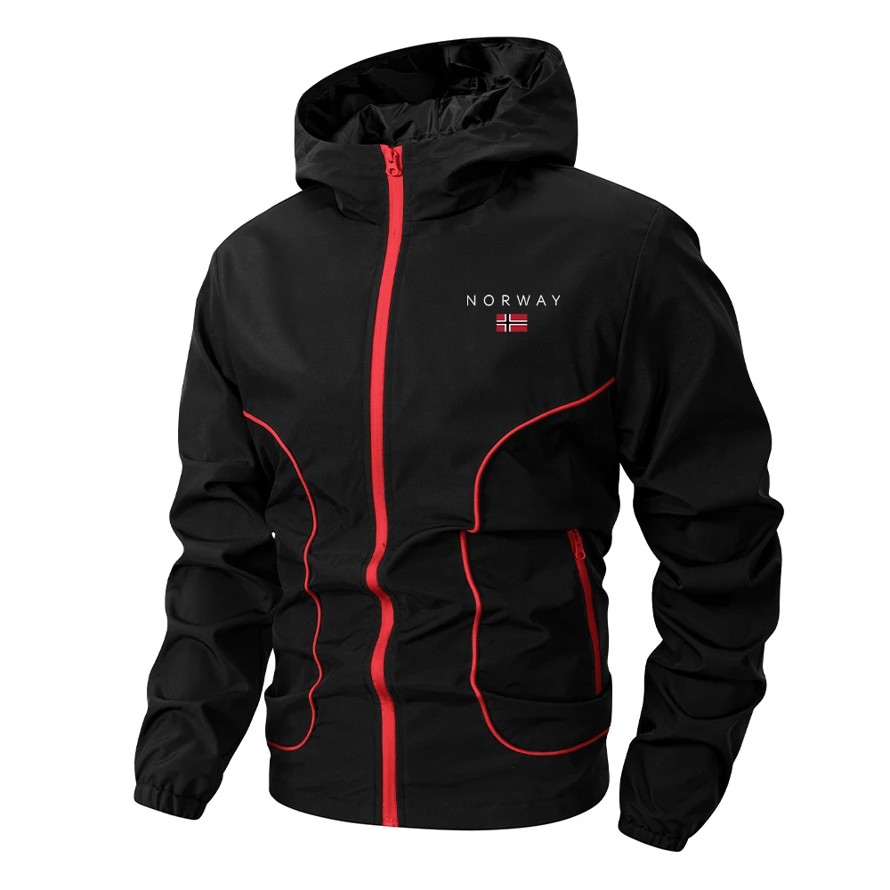 Men's Norway Flag Print Hooded Jacket With Zippered Pockets Windproof Outerwear For Casual Outdoor Commute And Athletic Wear