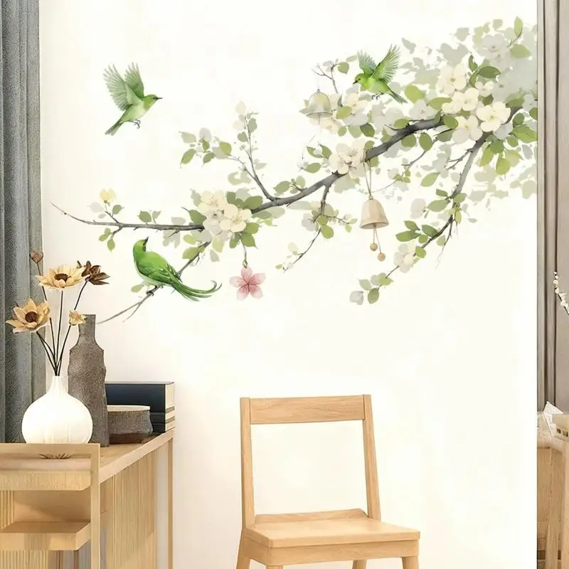 [E] Pear Tree Branches Bird Wall Decal Bedroom Wall Art Decor Removable Self-Adhesive Fresh Plant Background Sticker