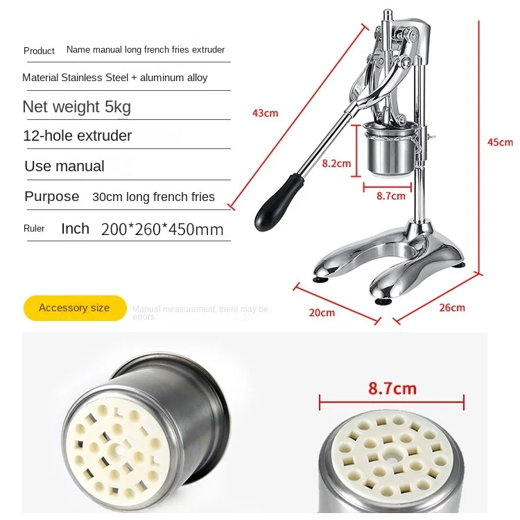 Aço inoxidável batatas fritas Maker, French Fry Extrusora, Fatiador Manual De Batata, Máquina De Cortador De Batata, Casa