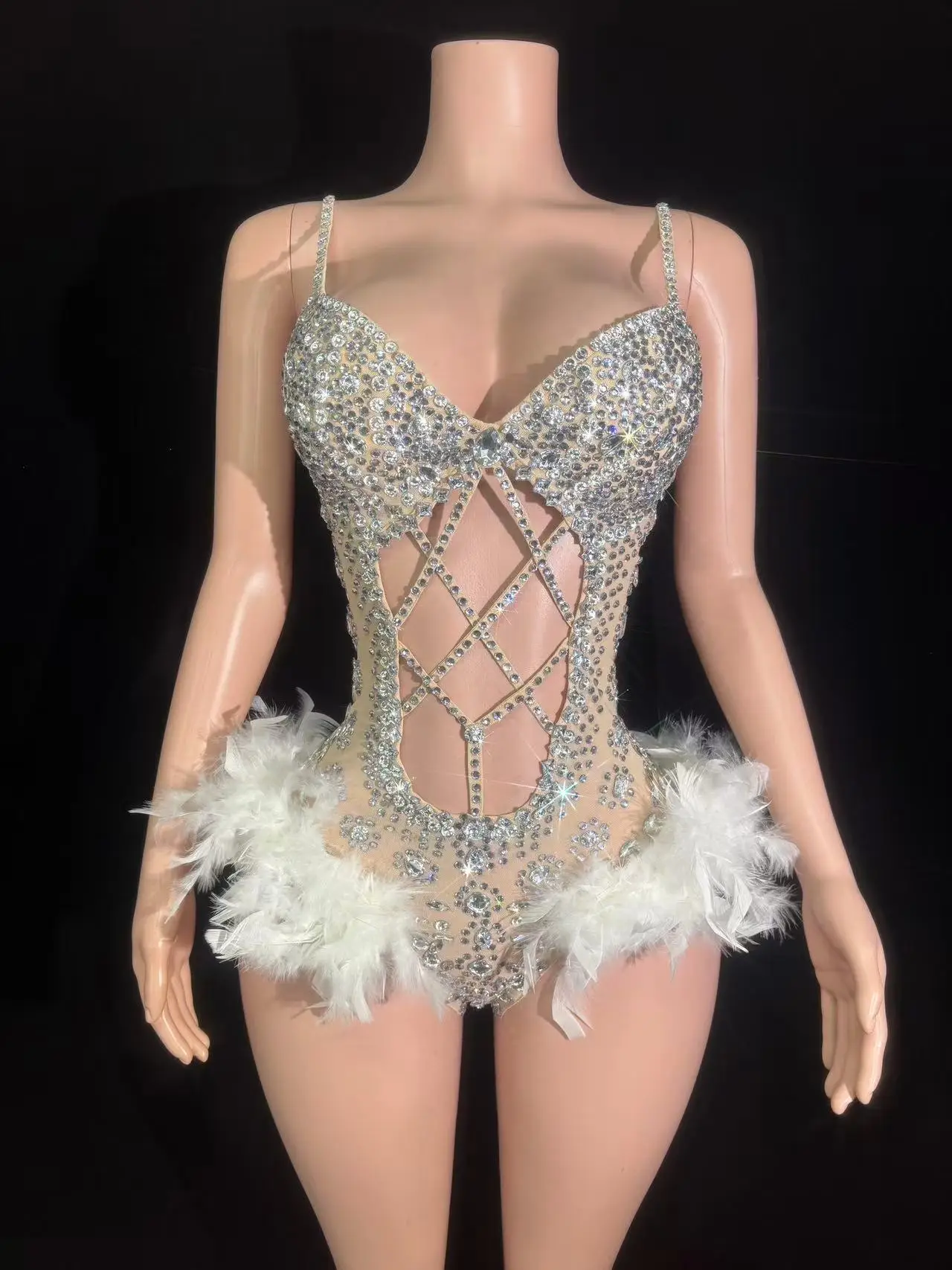 Body Sexy scintillant rose rouge argent avec plumes et strass pour femmes, Costume de danse ajouré, vêtements de scène pour chanteur et danseuse