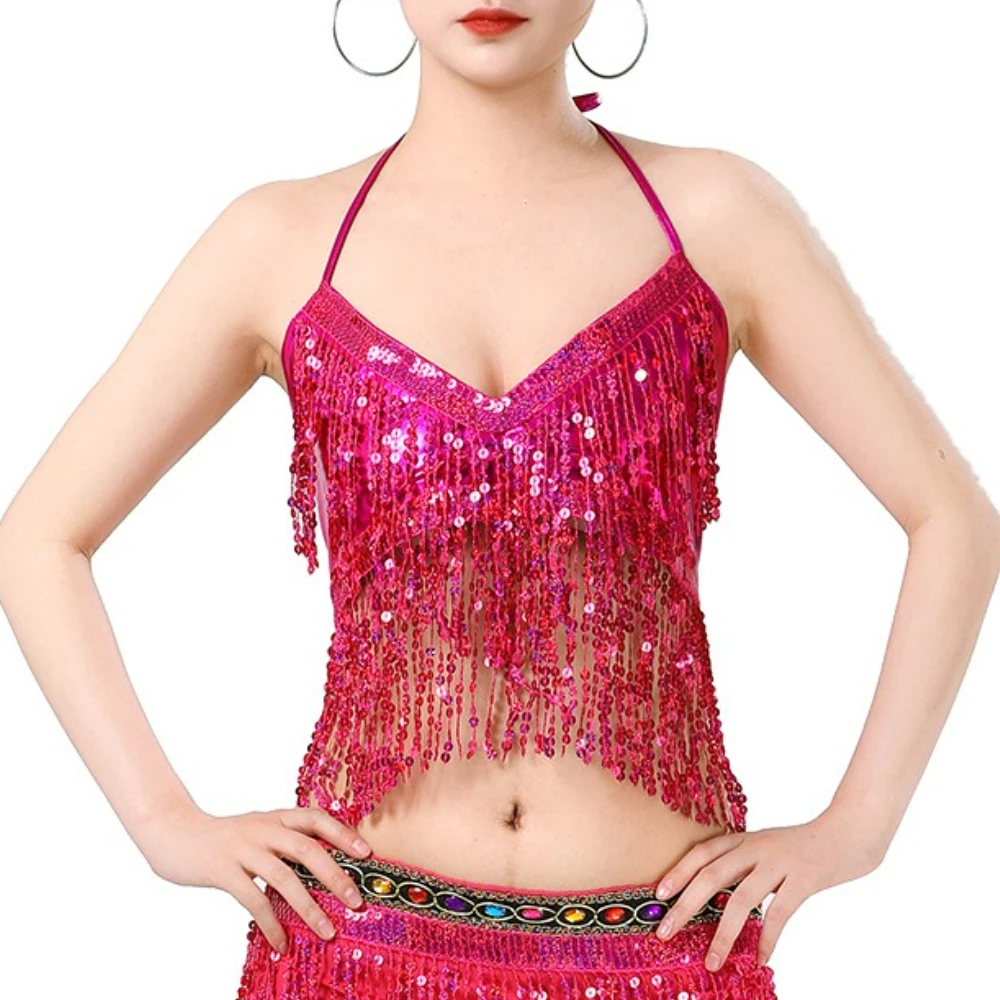 

Women Belly Dance Bra Tops Halter Sequin Tassel Vest Club Party Rave Dance Sexy Crop Top Festival Bellydance Performance Costume