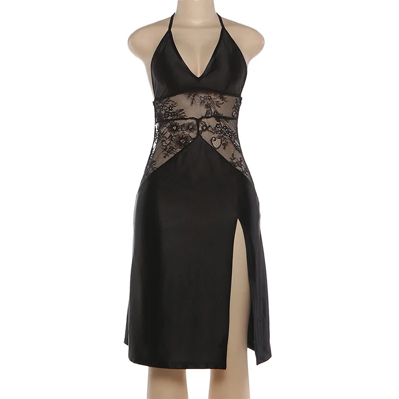 Ver através de renda retalhos cetim midi vestido moda feminina sexy decote em v rendas halter sem costas divisão bodycon festa noite clubwear
