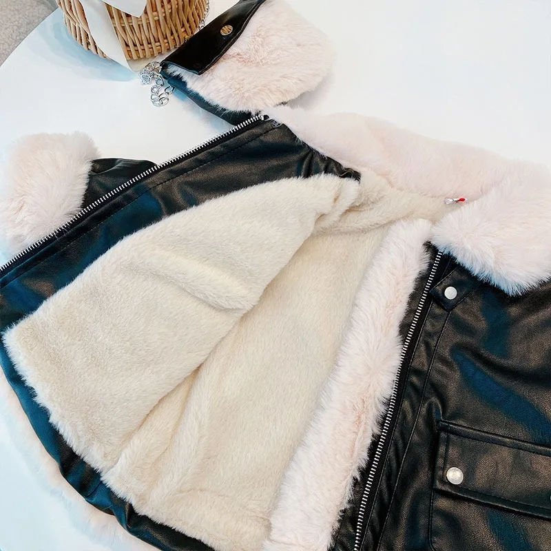 2-12 Years Autumn Winter Girls PU Leather Jacket Keep Warm Thicken Faux Fur In One Coat Thick Girls Outerwear New Kids Clothes