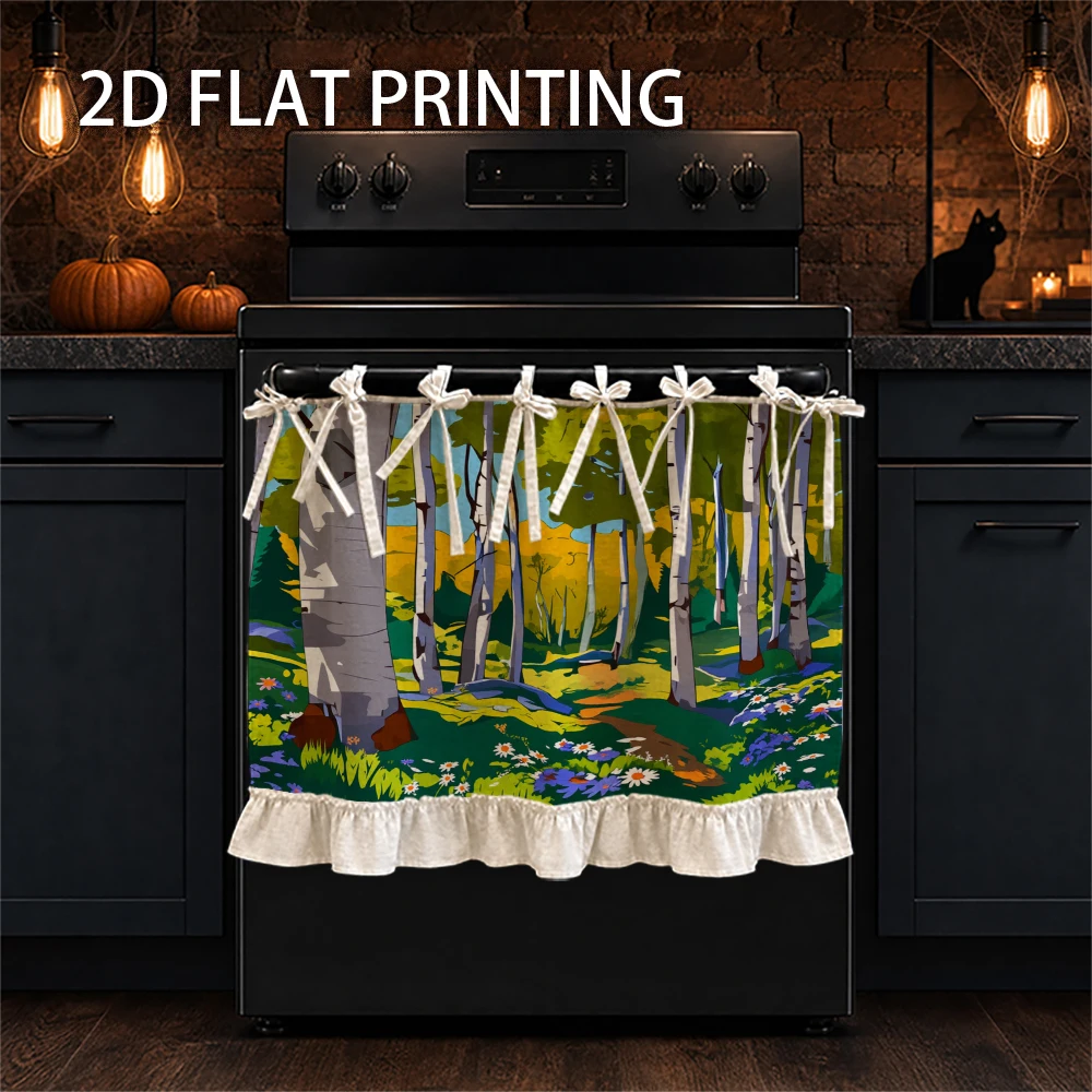 1PC Kitchen Curtain-Cabinet Curtain-Apron. Featuring birch trees and blooming wildflowers — perfect for nature-themed kitchen de