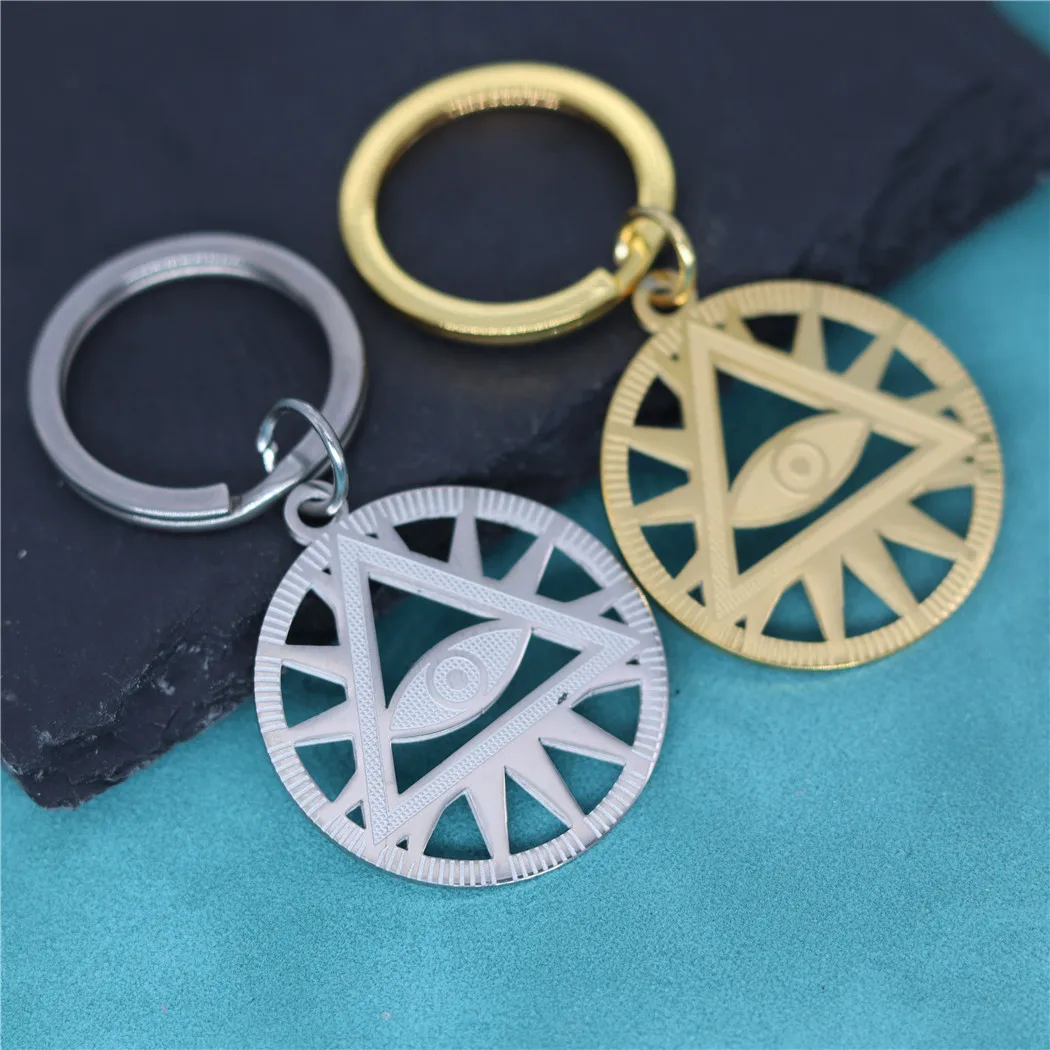 All-Seeing-Eye of Providence Illuminati Pyramid Stainless Steel Round Pendant Keychain For Men Women Amulet Jewelry Gift