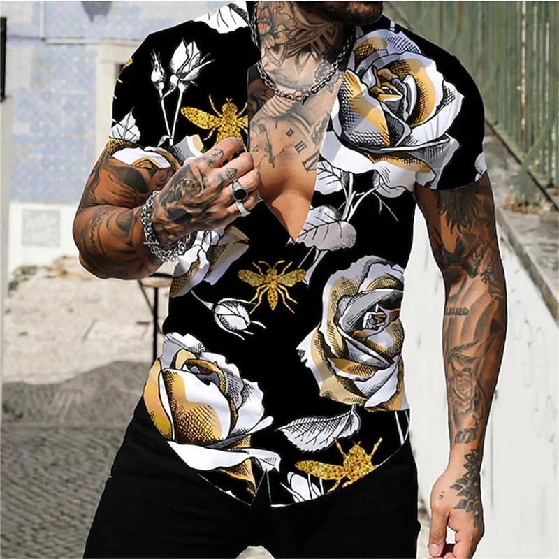 Camisa havaiana de manga curta masculina, estampada com flores, impressão 3D, praia, plus size, casaco, top, moda, verão