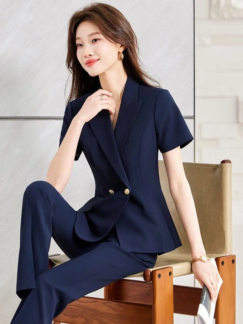 

Slim Fit Short Sleeve Suit Set Women's New 2026 Double Buttoned Front Desk Work Uniform Hotel Front Desk Staff Uniform