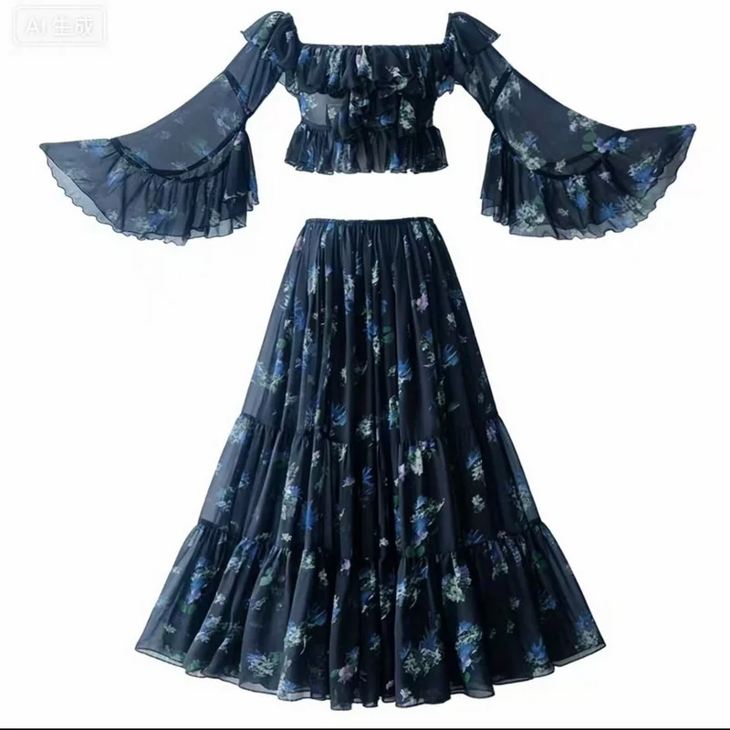

2026 NEWC Floral Print Two Piece Set Off Shoulder Ruffle Crop Top & Flowy Long Skirt Set Beach Vacation Outfits