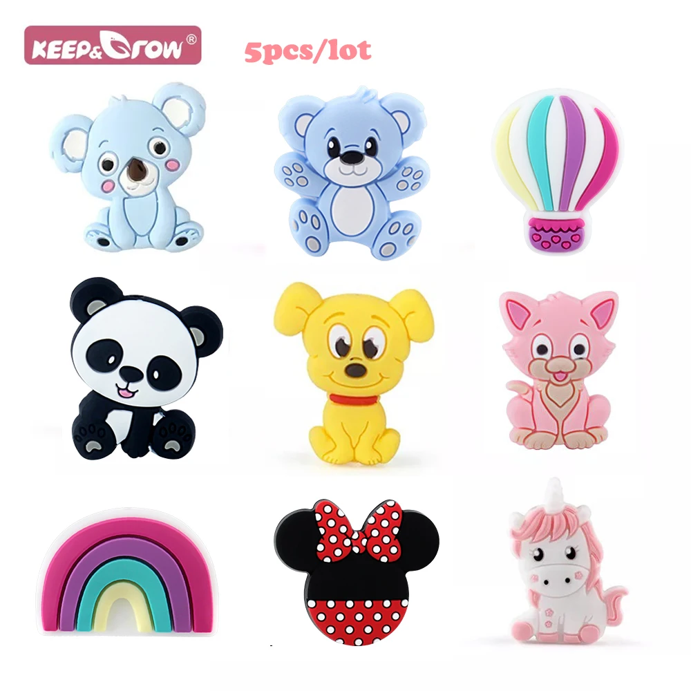 5pcs Animal Baby Silicone Beads Teether Cute Koala Bear Shape For Pacifier Chain Clips Beads Food Grade Teething Toy Accessories