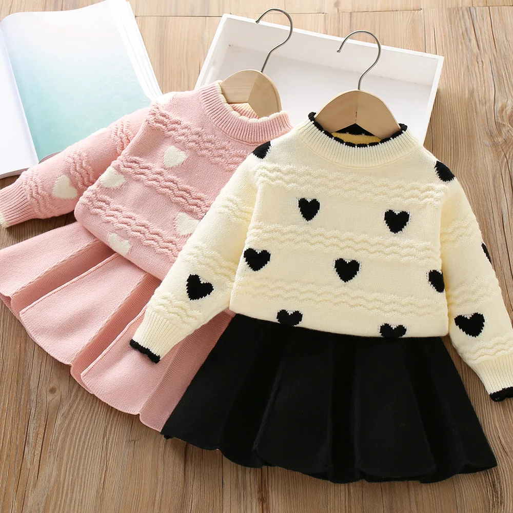 Girls Sweater Dress Set Heart Knitted Skirt Children Two-piece Skirt Set Kids Girl Autumn Dress Birthday Gift