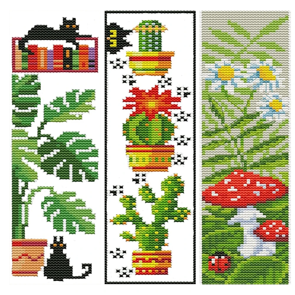 11CT Stamped Double-Sided Sunflower Cat Cross Stitch Bookmark Kit 18x6cm Crossstitch Bookmark Art Projects for Reading Day Gift