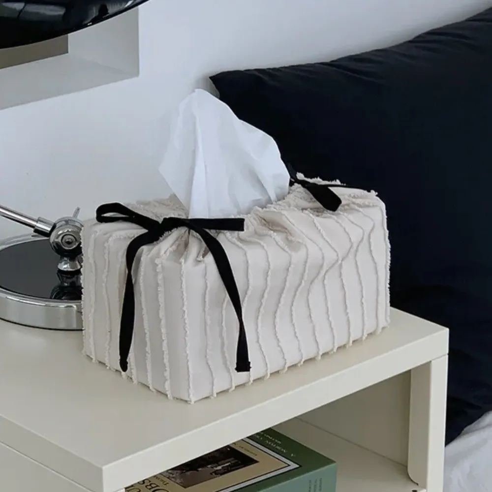 Practical Ribbon Drawstring Tissue Bag Adjustable Practical Fabric Tissue Box Solid Color Paper Towel Holder Home Decoration