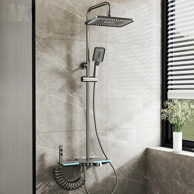 Smart Ambient Light Digital Display Rain Shower Set Four-Position Button Shower Pressurized Thermostat System Glass Countertop