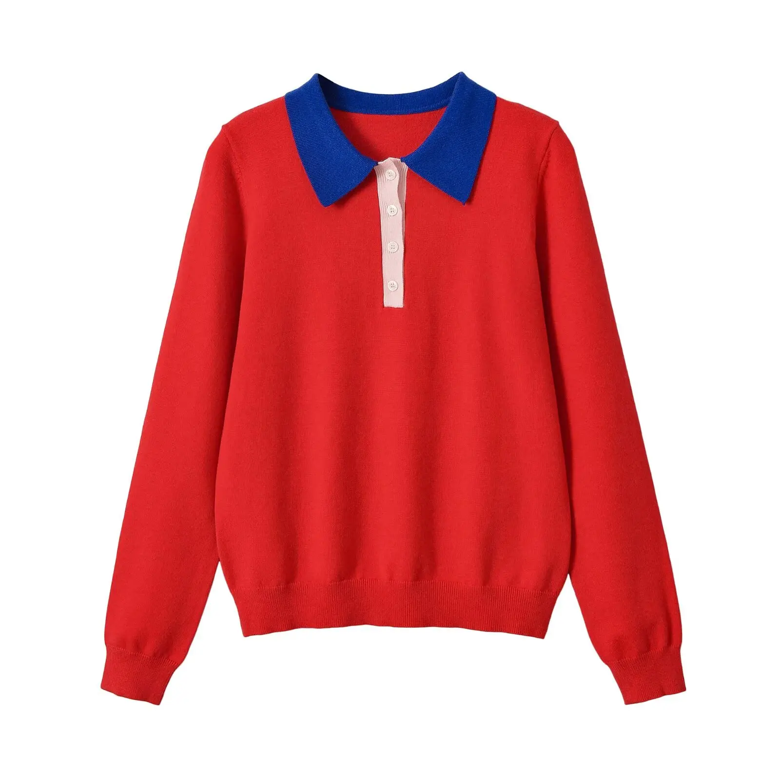Women Korean Style Color Block Polo Neck Knitwear Autumn Winter Female Slim Fit Long Sleeve Base Shirt Lady Chic Casual Pullover