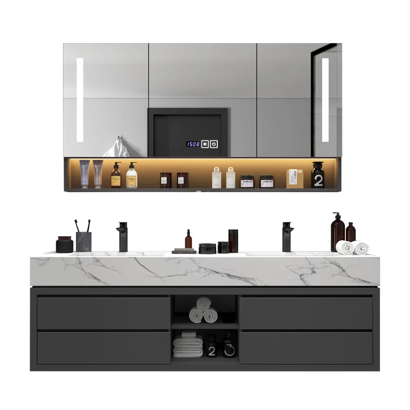 

Light luxury double basin bathroom cabinet combination modern simple smart mirror bathroom face wash sink washbasin